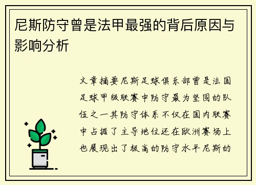 尼斯防守曾是法甲最强的背后原因与影响分析